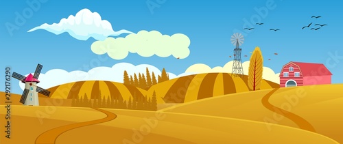 Panoramic of Countryside landscape in autumn, illustration of horizontal banner in autumn green and yellow hills, farm house, leaves falling from trees.