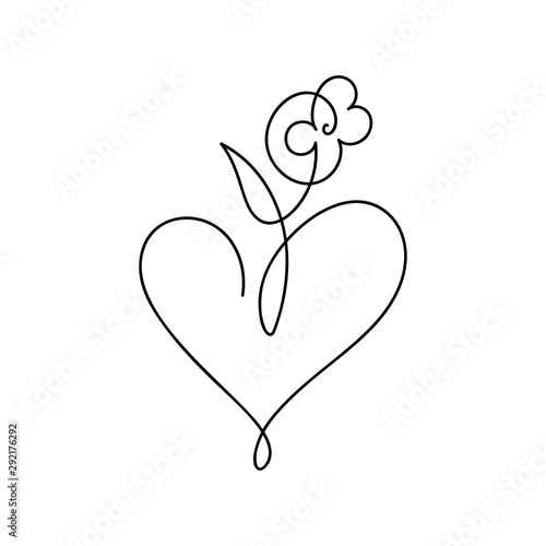 Vector monoline one line flower and heart. Valentines Day Hand Drawn icon. Holiday sketch doodle Design element. love decor for web, wedding and print. Isolated illustration