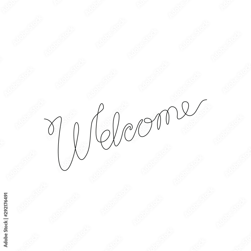 Welcome hand lettering continuous line drawing, welcome word inscription, small tattoo, print for clothes, emblem or logo design, one single line on a white background, isolated vector illustration.
