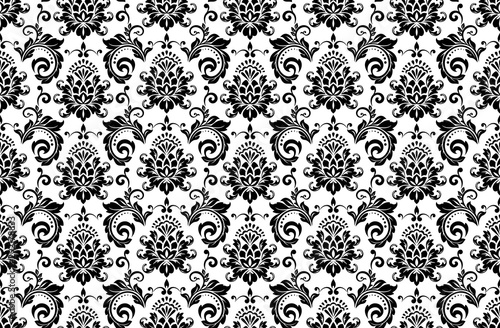 Wallpaper in the style of Baroque. Seamless vector background. White and black floral ornament. Graphic pattern for fabric, wallpaper, packaging. Ornate Damask flower ornament