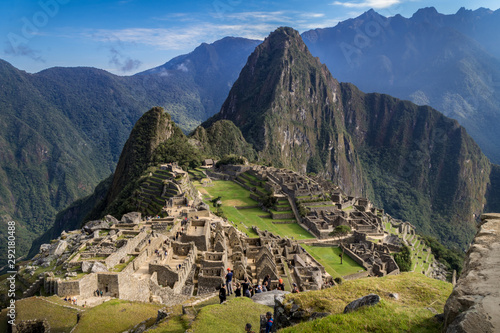 Machu Picchu ruins, Perú. The city and the Huayna Picchu mountain can be appreciated. Big mountains behind. Archaeological site, UNESCO World Heritage photo