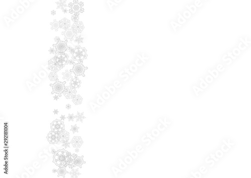Snowflakes falling on white background. Horizontal Christmas and Happy New Year theme. Silver falling snowflakes for banner, gift card, party invitation, partner compliment and special business offers