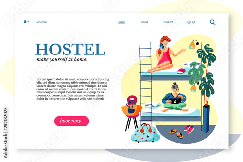 Dormitory room sitepage vector template. Hostel lodgers, cheerful girlfriends cartoon characters. Female college students, friends sitting on bunk bed. Accommodation rent, hotel business.