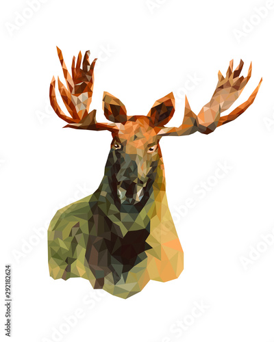 Portrait of Moose in low poly design on white background. Isolated object.