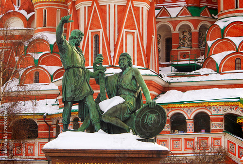 Moscow, Russia  01.18.19. St Basils Cathedral with the monument for Minin and Pozharsky on Red Square.