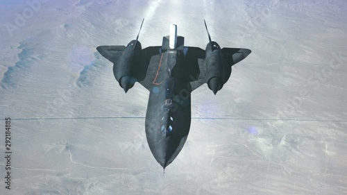 Lockheed SR-71 Blackbird. Animation of a two jet engine airplane without a tail covered with vapor and smoke soaring high in the mountains in winter. The elements of this image furnished by NASA.