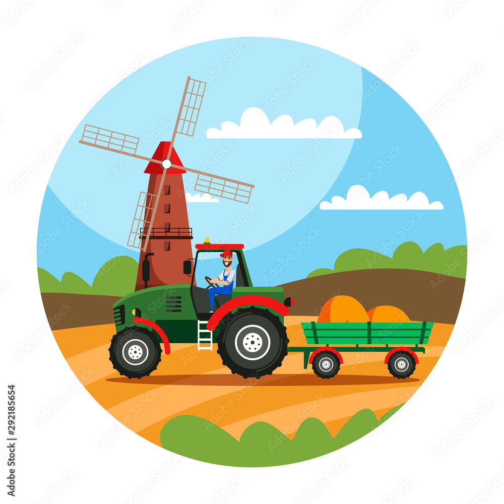Fototapeta premium Farmer driving tractor in field illustration