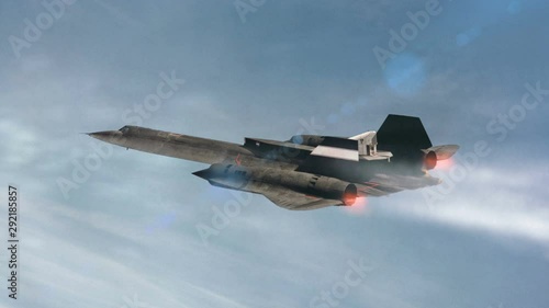 Gorgeous animation of Lockheed SR-71 Blackbird in profile supersonic military airplane with fire flashes behind and flying high in the cloudy sky. The elements of this image furnished by NASA. photo