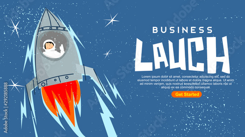 distressed vintage rocket launch with smiling astronaut in deep blue sky and stars business launch standard web screen size 16:9 monitor for web page and presentation illustration