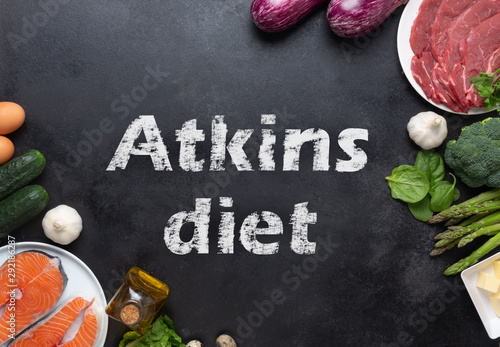 Atkins Diet food ingredients on balck chalkboard, health concept, top view with copy space. Concept with text