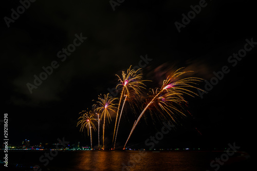 Colorful fireworks on Pattaya city at night, Pattaya Thailand.
