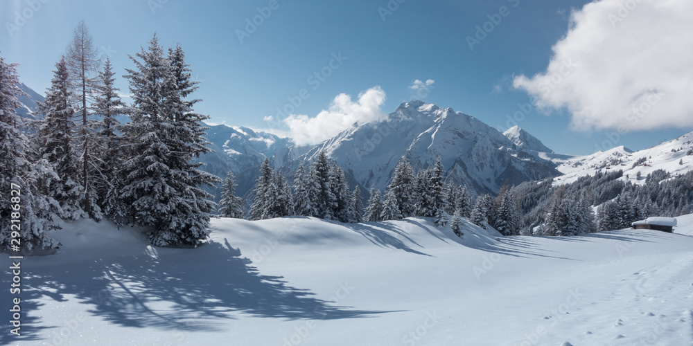 Winterpanorama mit Skihütte am Waldrand