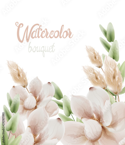 Watercolor flowers bouquet background vector. Wedding gretting card