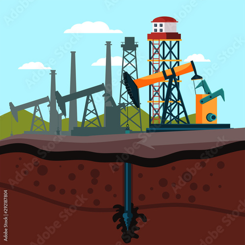 Refinery plant cutaway flat vector illustration