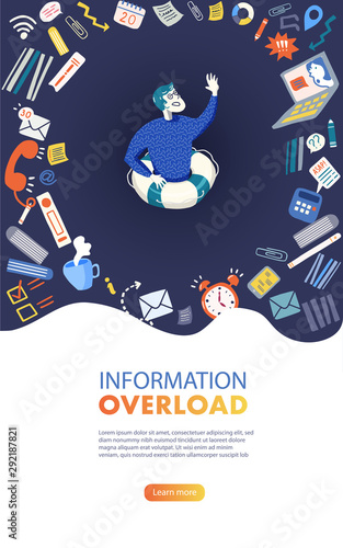 Banner concept of Information Overload, Digital hygiene, Stress, Time management. Overwhelmed man on a lifebuoy drowning in the information stream. Vector illustration in flat style on dark background