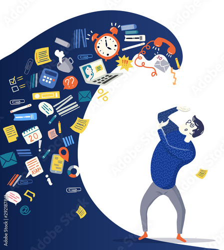 Concept of Information Overload, Digital hygiene, Stress. Overwhelmed man running away from the information stream wave pursuing him. Vector illustration in flat cartoon style. 