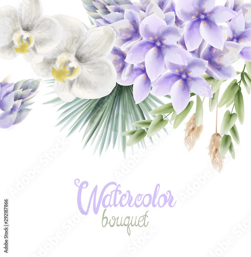 Watercolor Hyacinth and white orchid flowers bouquet vector. Wedding gretting...