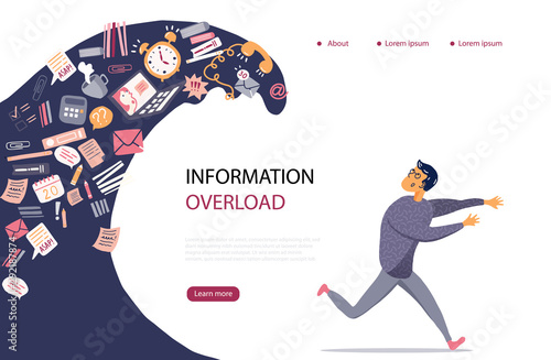 Concept of Information Overload, Digital hygiene, Stress. Overwhelmed person running away from the information stream wave pursuing him. Vector illustration in flat style.  photo