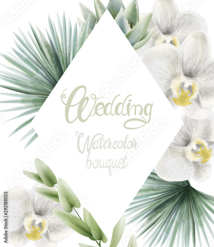 Wedding watercolor bouquet with palm leaves and white orchid. Background Vector