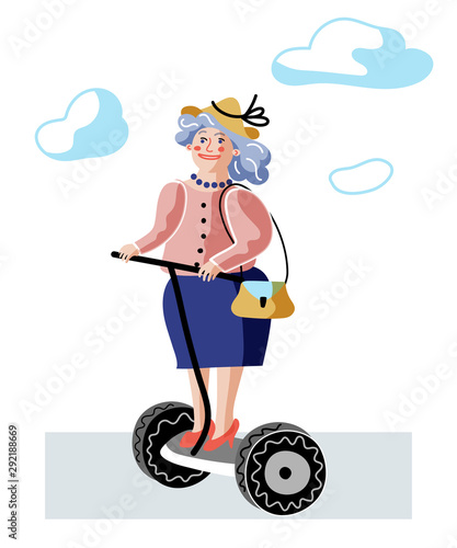 Old lady on segway flat vector illustration