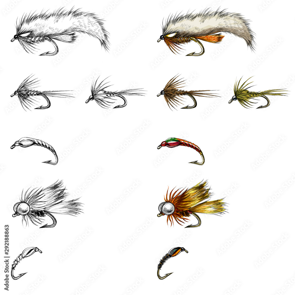 fly-fishing fly drawing set, illustration of fishing lures Stock