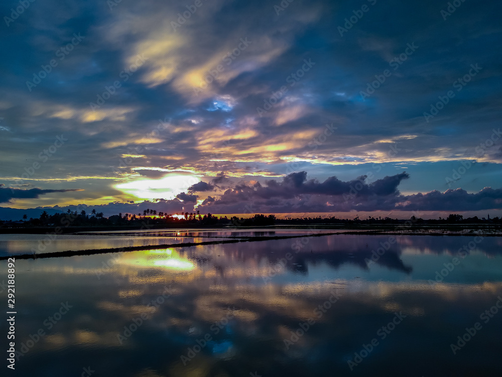 sunset over flooded paddy field in Penang, Malaysia