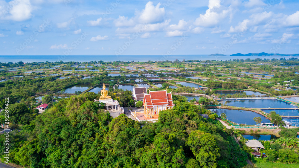 Obraz premium Aerial view of temple located on top of the mountain in Chantaburi province, Thailand.