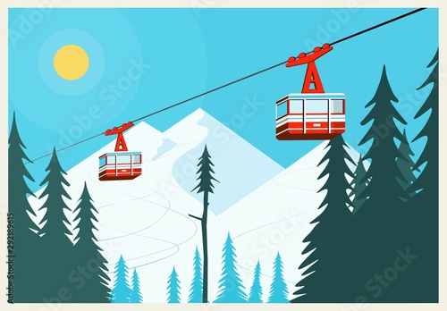 Vintage Winter background, poster. Red ski Lift Gondolas moving in Snow Mountains