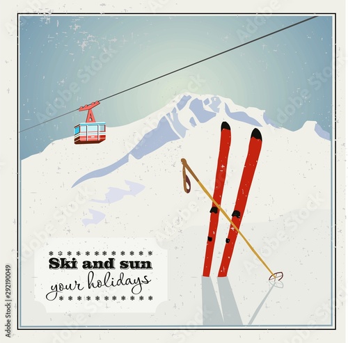 Vintage Winter background, poster. Red ski Lift Gondolas moving in Snow Mountains