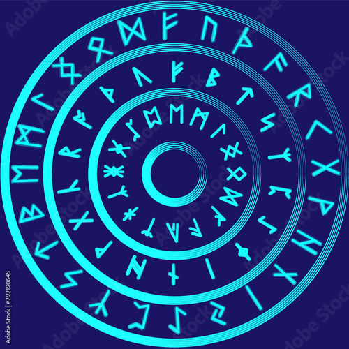 Scandinavian set runes blue circles dark background.