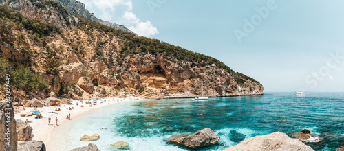 Panoramic of crystal clear waters of Cala Biriola in Sardinia, Italy