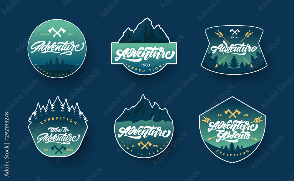  Adventure lettering set logos or emblems with gradient. Vintage logotype with mountains, bonfires and arrows. Vector signs for your design.