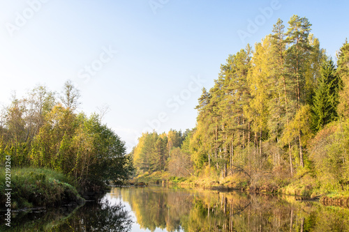 Tsna river flows through forest, at the turn of the island, Tver region