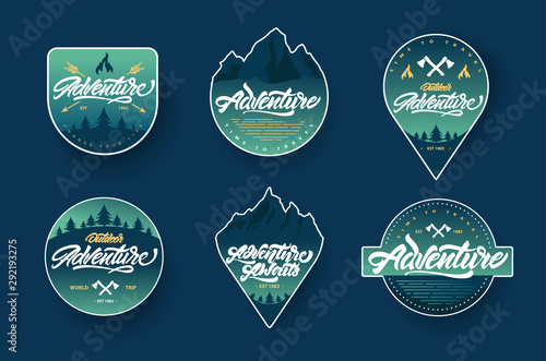  Adventure lettering set logos or emblems with gradient. Vintage logotype with mountains, bonfires and arrows. Vector signs for your design.