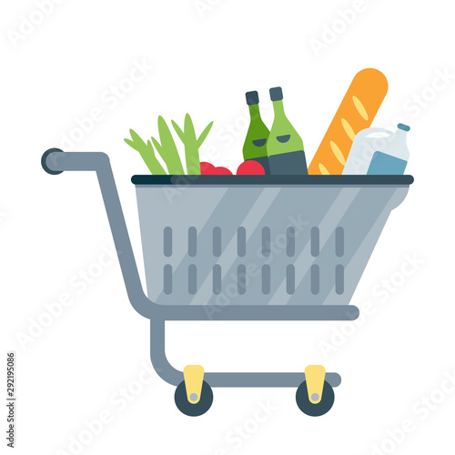 Shopping cart with products vector illustration isolated on white background