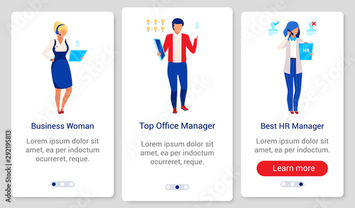 Company staff onboarding mobile app screen vector template. Walkthrough website steps with flat characters. UX, UI, GUI smartphone cartoon interface concept. Businesswoman, HR and top office managers © The img