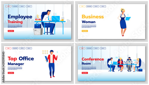 Corporate lifestyle landing page vector templates set. Business website interface idea with flat illustrations. Employee training homepage layout. Office manager web banner, webpage cartoon concept