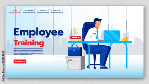 Employee training landing page vector template. Educational courses website interface idea with flat illustrations. Business classes homepage layout. Corporate webinar web banner cartoon concept