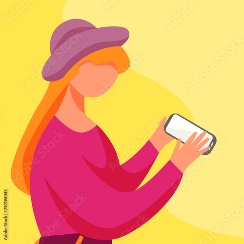 Teenage girl with smartphone flat vector illustration. Teens lifestyle. Millennial. Adolescent caucasian girl operating phone screen isolated cartoon character on yellow background