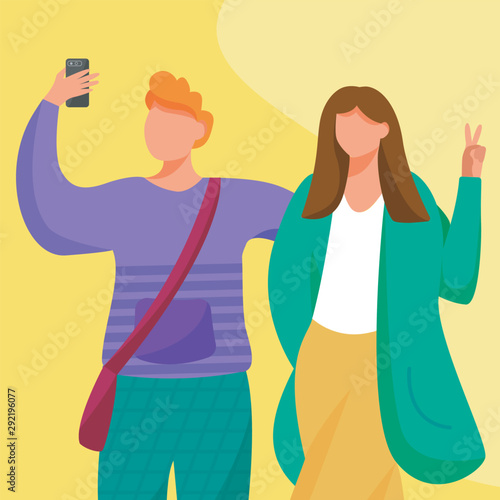 Boy and girl taking self photo flat vector illustration. Capturing great moments of life. Young boyfriend and girlfriend making smartphone selfie isolated cartoon character on yellow background