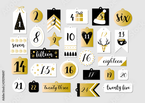 Abstract printable tags collection for Christmas, New Year. Advent calendar. Vector illustration. Merry Holidays