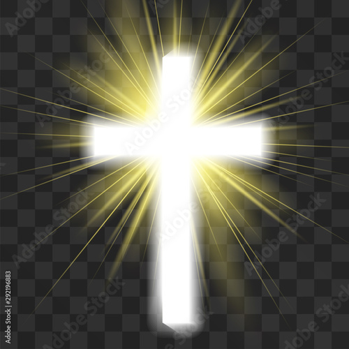 Glowing christian cross isolated on transparent background. Saint warm halo, god's light  scintillation. Spiritual awakening, revelation. Purifying rays of sun, faith energy that nourishes souls.