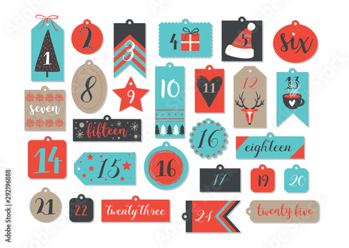 Abstract printable tags collection for Christmas, New Year. Advent calendar. Vector illustration. Merry Holidays