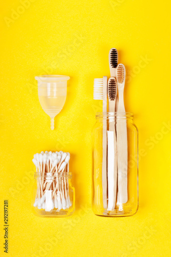 Set of eco-friendly plastic-free body care items on the yellow background. Zero waste concept, plastic-free, organic, eco-friendly shopping © elena_fedorina