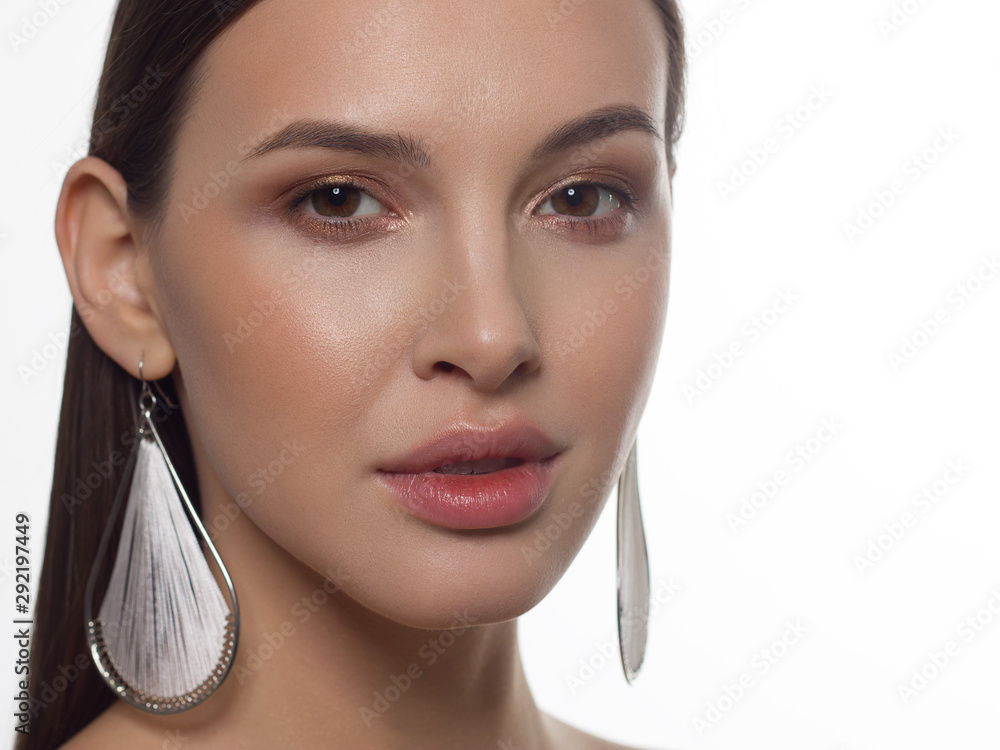 Close-up portrait of a beauty woman with straight hair and perfectly clean skin. Daytime makeup, Close-up portrait of a beauty woman with straight hair and perfectly clean skin. Daytime makeup,