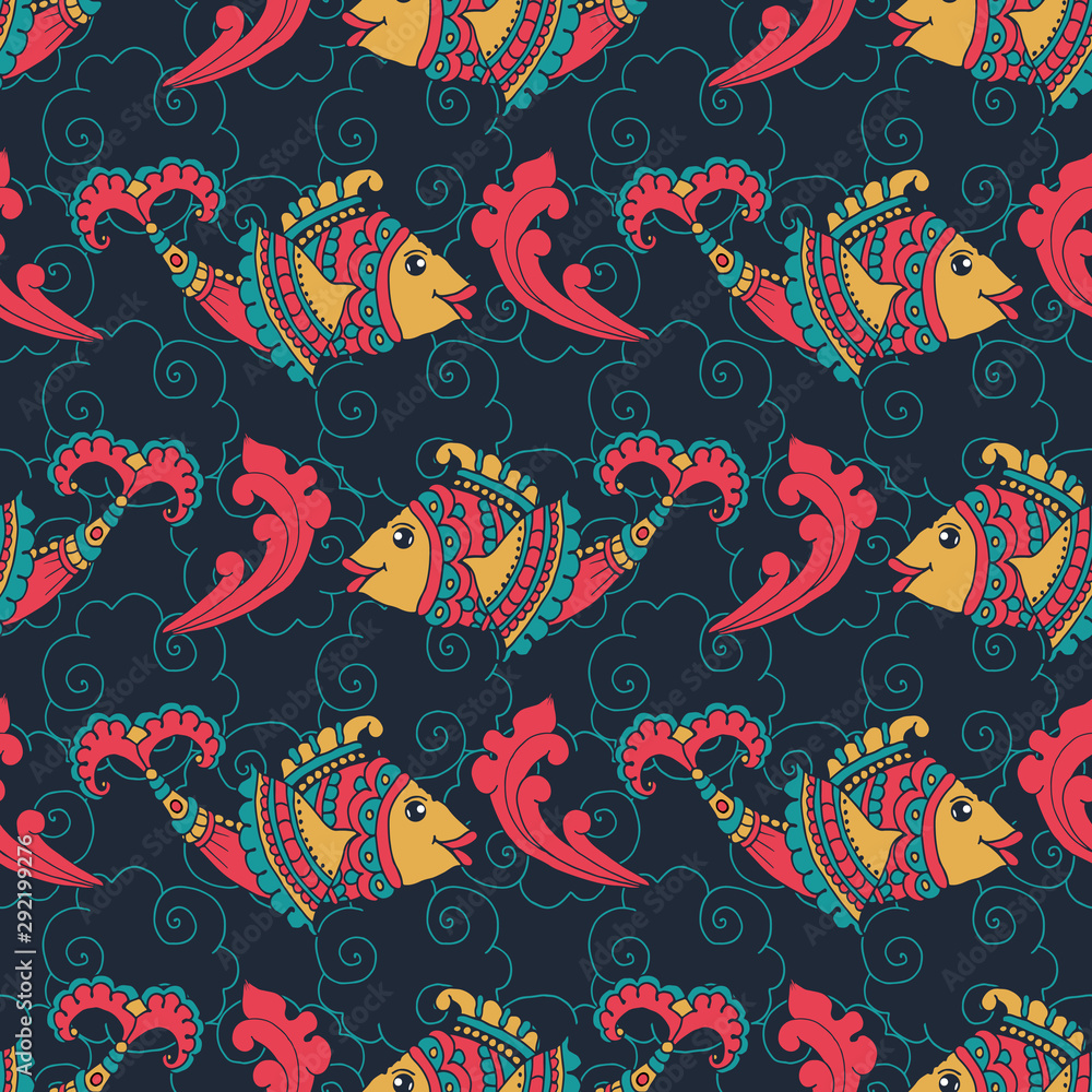 Underwater life with fish seamless pattern on dark blue background, vector Underwater life with fish seamless pattern on dark blue background, vector