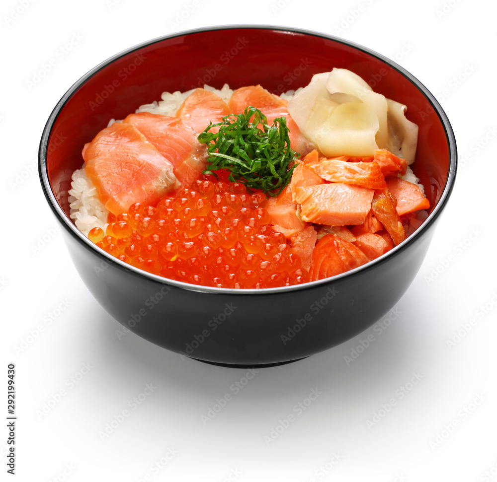 rice bowl topped with salmon & salmon roe, japanese food rice bowl topped with salmon & salmon roe, japanese food