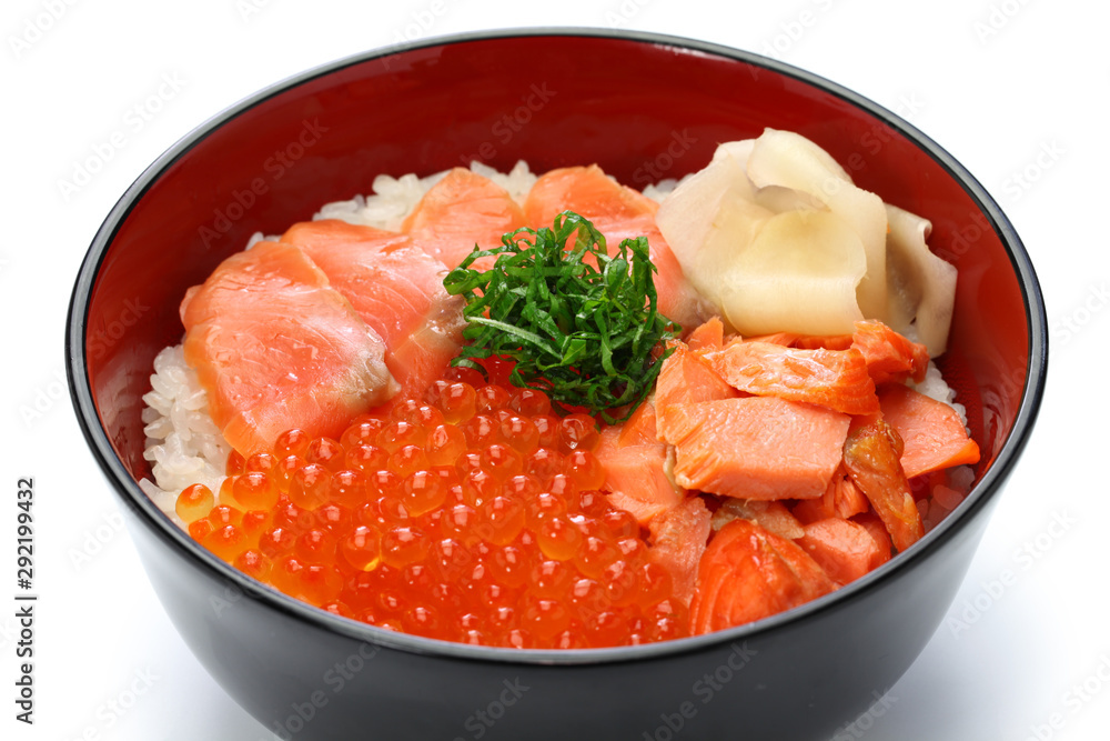 rice bowl topped with salmon & salmon roe, japanese food rice bowl topped with salmon & salmon roe, japanese food