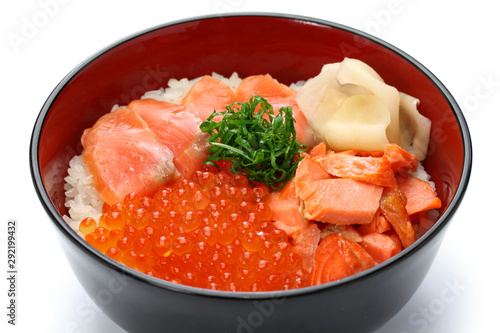 rice bowl topped with salmon & salmon roe, japanese food