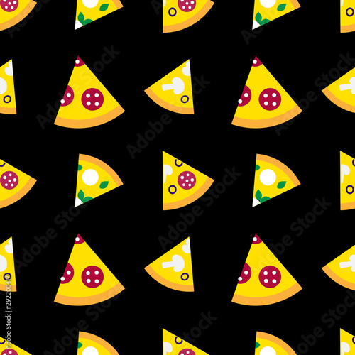 Seamless pattern with repeat slice of pizza with different flavors on the black background. Vector ornament for cards, flyers, posters, banners, packaging, wrapping paper, food products